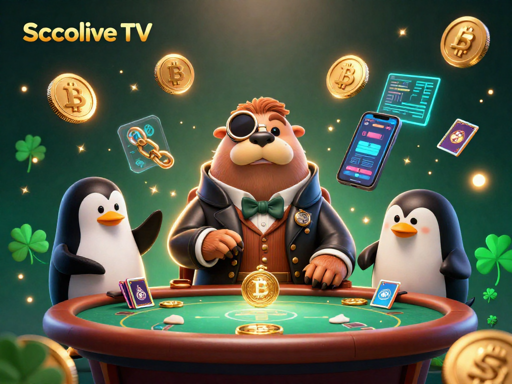 Socolive TV features a jolly walrus and friends at an underwater poker table, surrounded by vibrant cryptocurrency elements.