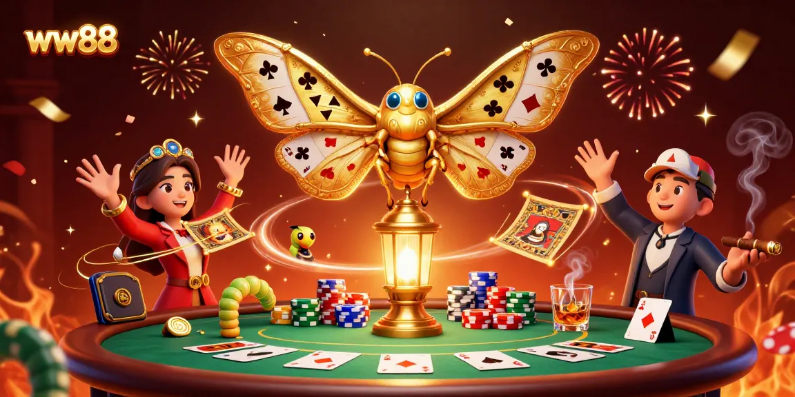 Join the excitement at ww88, showcasing a vibrant casino scene with a majestic moth and dynamic gaming elements.