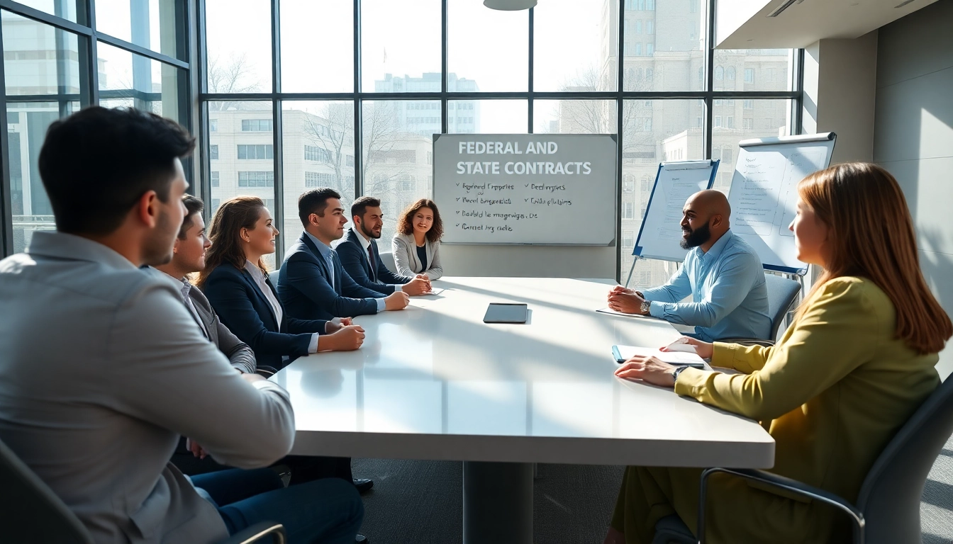 Collaborative discussion on Federal and State contracts in a modern office meeting.