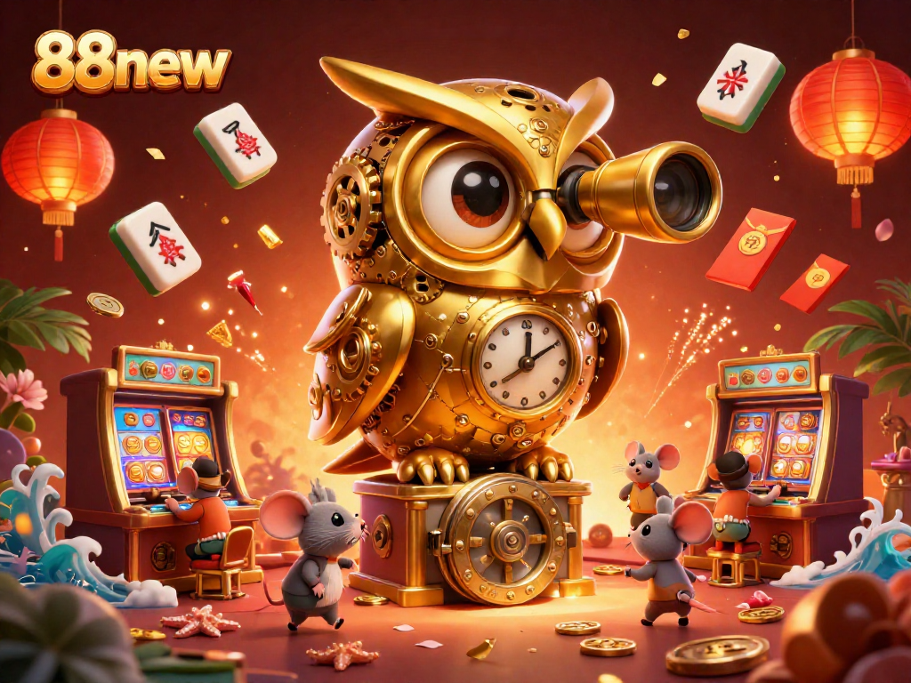 Engage in exciting gameplay with 88new's vibrant casino featuring a 3D golden owl and animated elements.