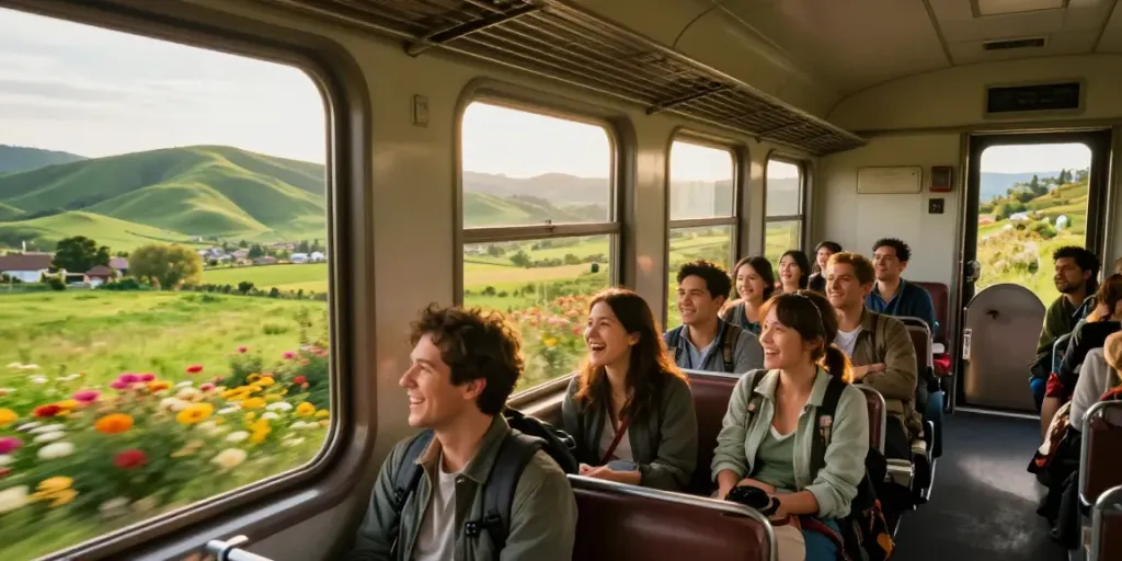 Group train tickets allow friends to travel together amidst beautiful scenery.