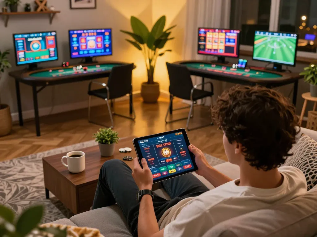 Engaging online gaming moment with rik vip app on tablet in cozy living room setting.