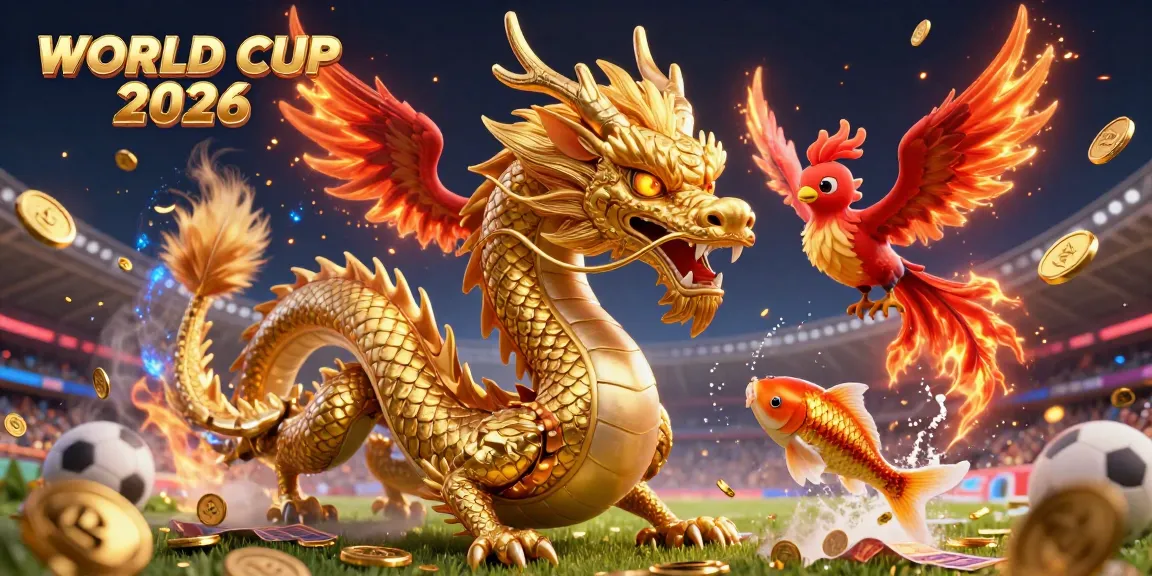 Engage in sports betting excitement with WORLD CUP 2026 in this vibrant illustration featuring a golden dragon, phoenix, and koi.