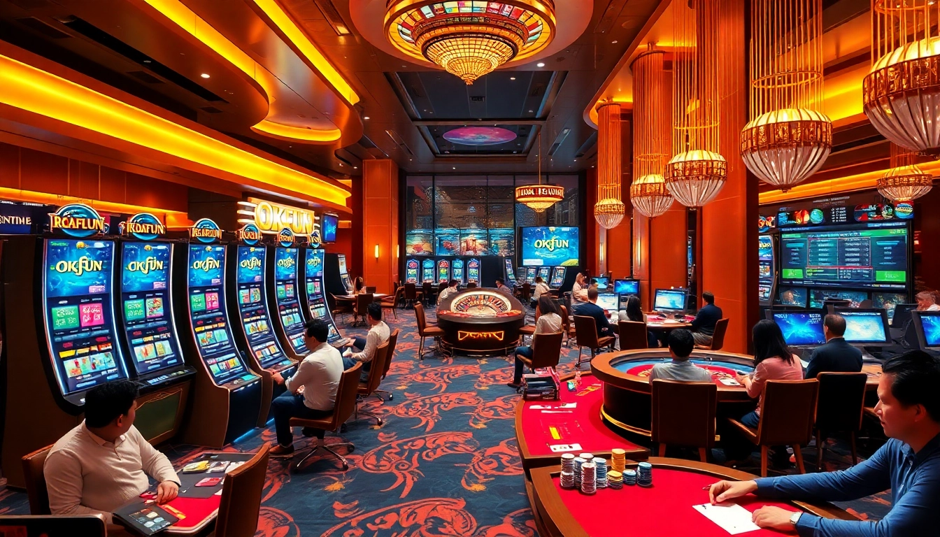 Gambling excitement at Nhà Cái OKFUN with vibrant slot machines and poker games.