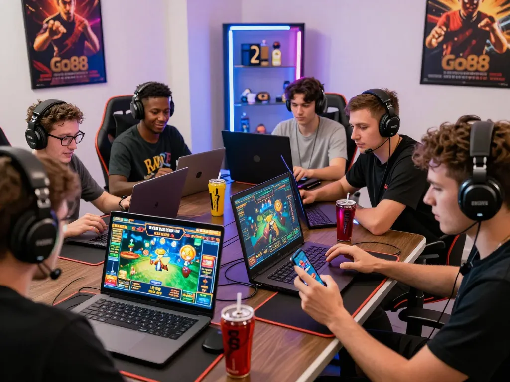 Diverse group of players enjoying Go88 online casino games on laptops and smartphones in a vibrant gaming environment.