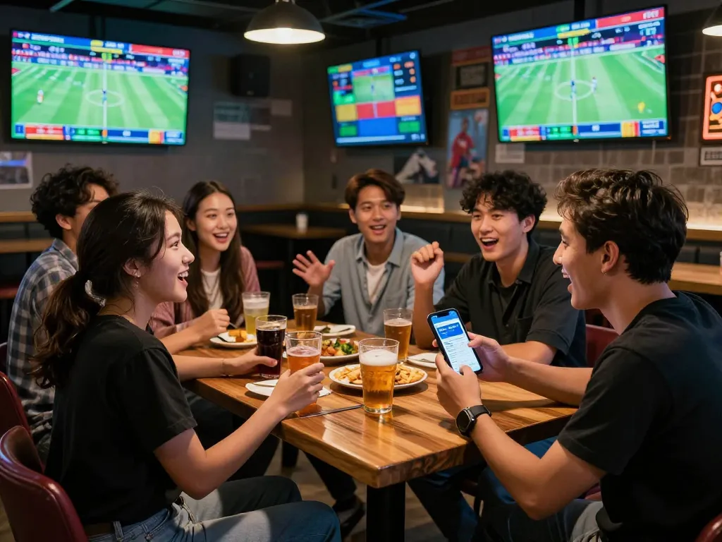 Friends engaging in live sports betting using keonhacai app at a lively sports bar.