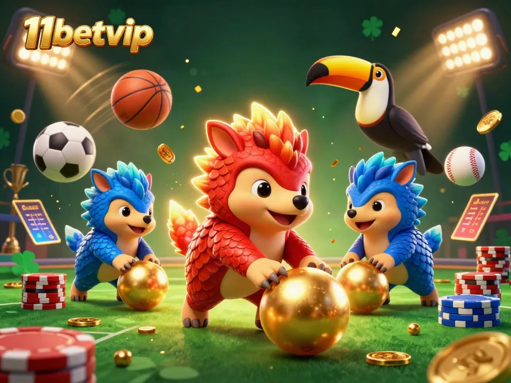 Engage with the thrilling action of 11betvip, showcasing cartoon pangolins in vibrant armor amidst casino elements.