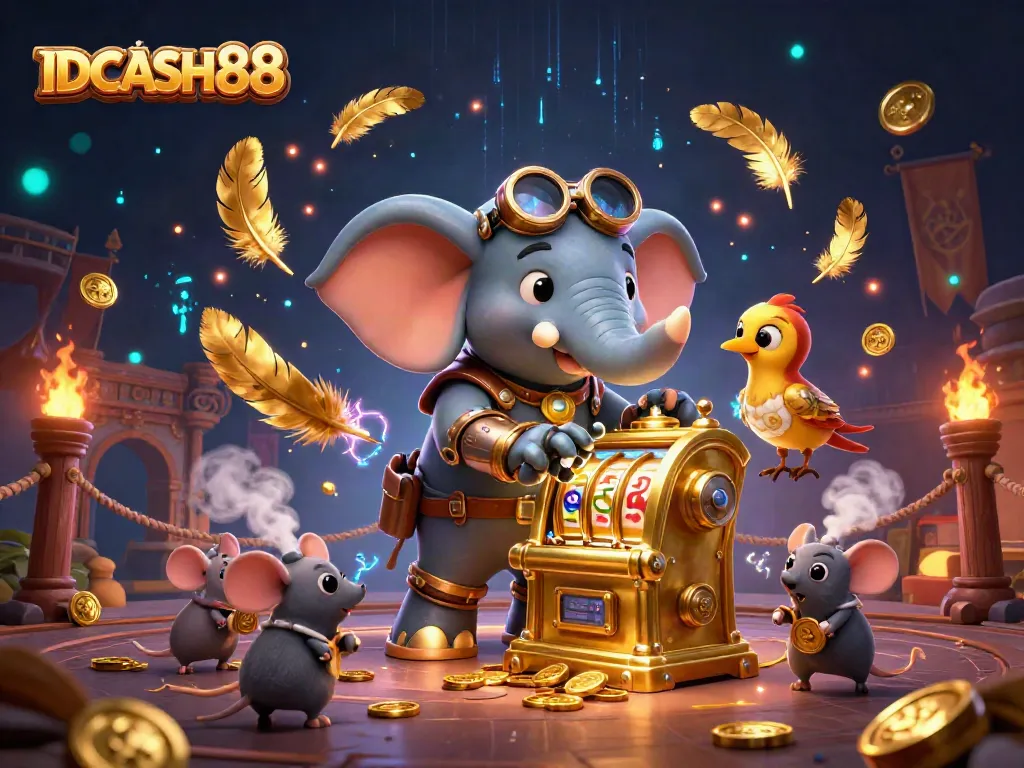 Spin the golden slot machine with IDCASH88, led by a steampunk elephant engineer in an exciting casino scene.