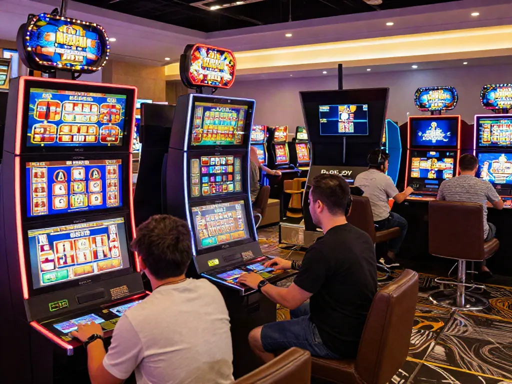 Exciting DA88 online gaming scene with vibrant slot machines and diverse players.