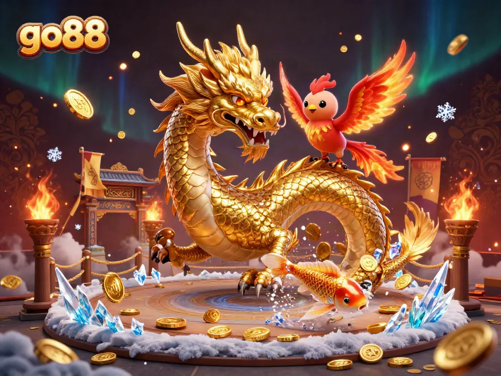 Hòa mình vào không gian game tại go88 với rồng vàng mạnh mẽ, cá koi nhảy múa, và hiệu ứng tuyệt đẹp.