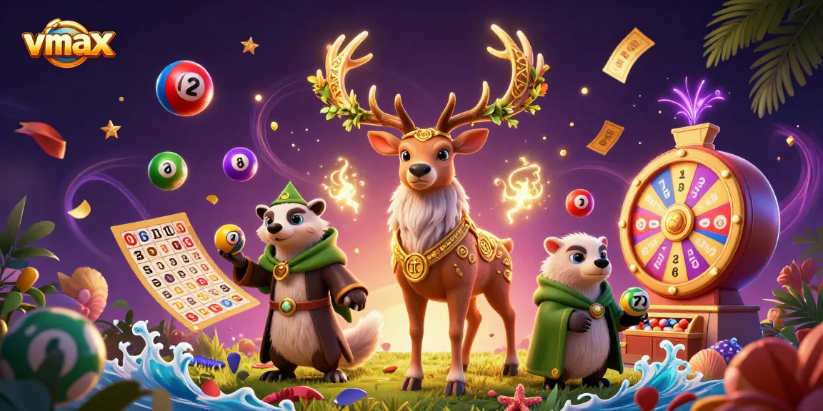 Engage in exciting gaming at vmax with a vibrant scene of colorful lottery elements and magical characters.