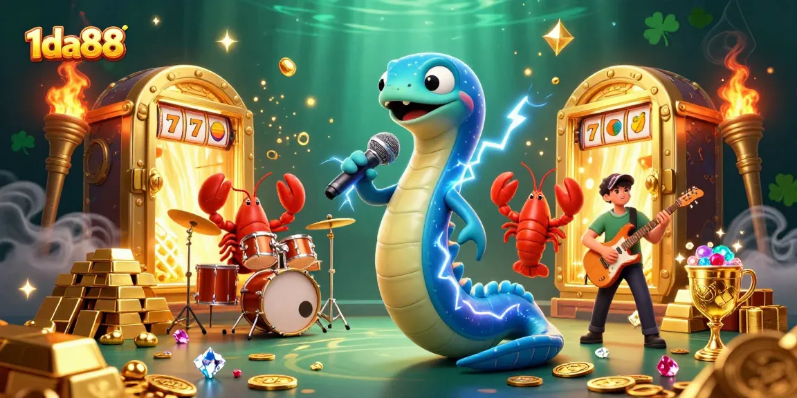 Engage with vibrant 1da88 casino entertainment featuring an electric eel DJ and gold treasures.