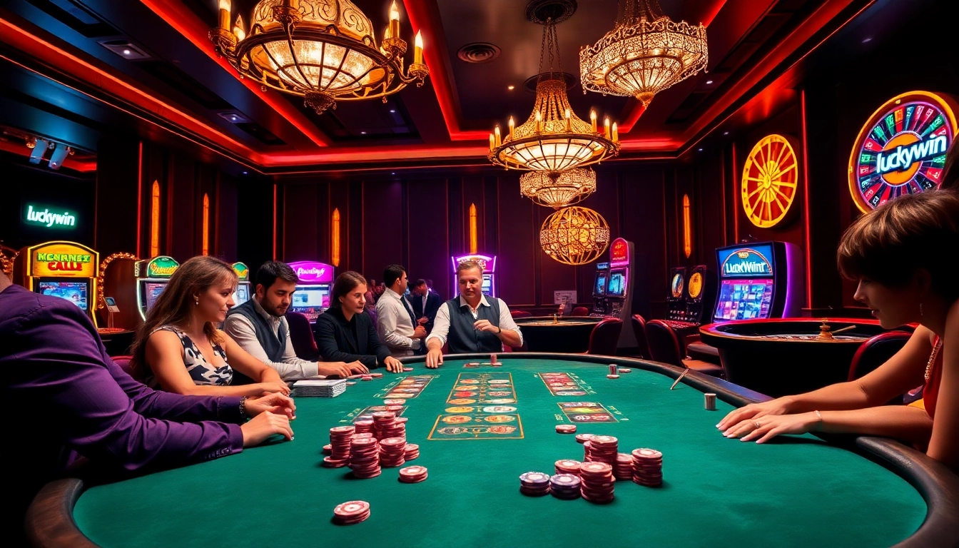 Engaged players enjoy a thrilling poker game at luckywin's luxurious casino.
