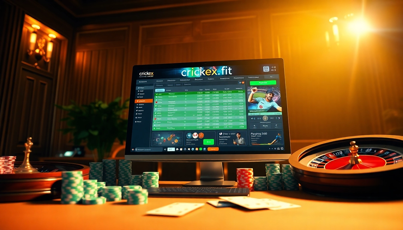 Engage with crickex.fit's exciting online betting options through a dynamic scene of an online gambling setup.
