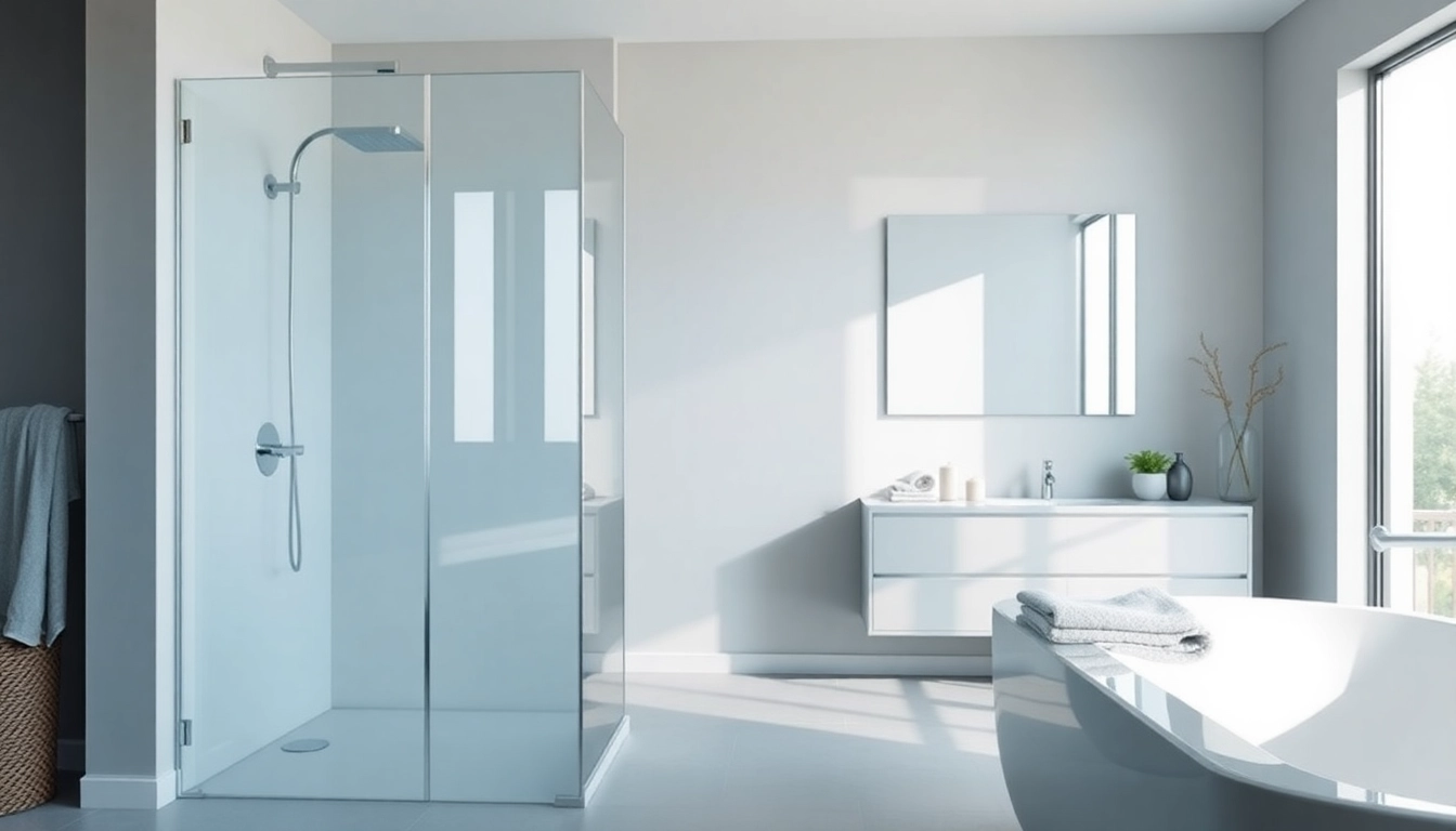 Showcasing luxurious semi-frameless shower screens with sleek design and modern aesthetic.
