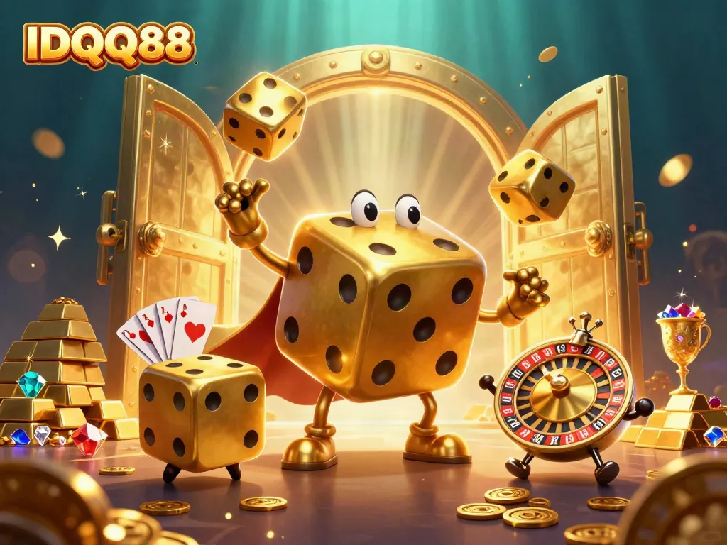 Play the IDQQ88 game with golden dice and treasures in a dynamic casino scene.