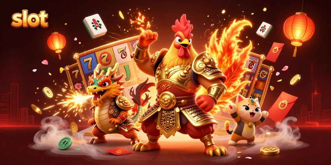 Spin exciting slot games with a dynamic scene featuring a rooster warrior and dragon hatchling.