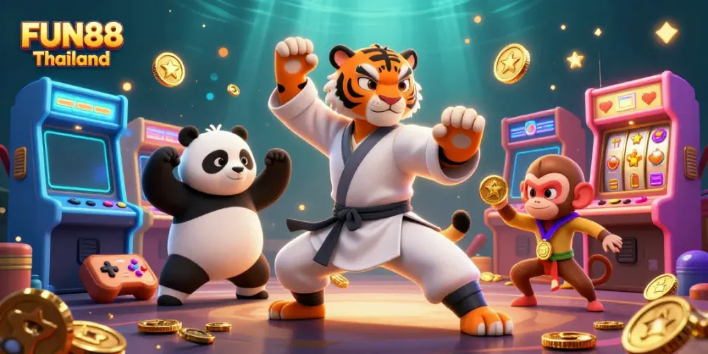 Join the excitement at FUN88 Thailand with a fun-filled scene featuring lively characters and vibrant casino elements.