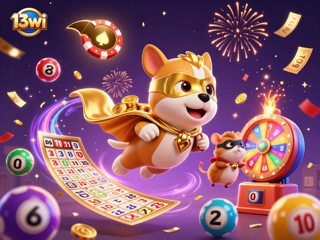 Win big with 13wi by engaging in exciting gaming, featuring vibrant colorful elements and fun characters.