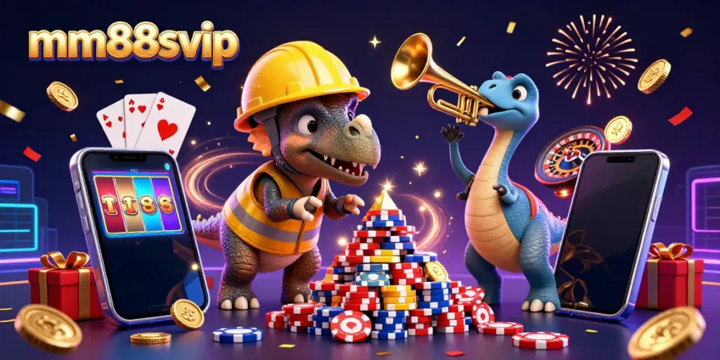 Engage with mm88svip as a triceratops builds a poker chip pyramid, celebrating with a musical parasaurolophus amidst casino elements.