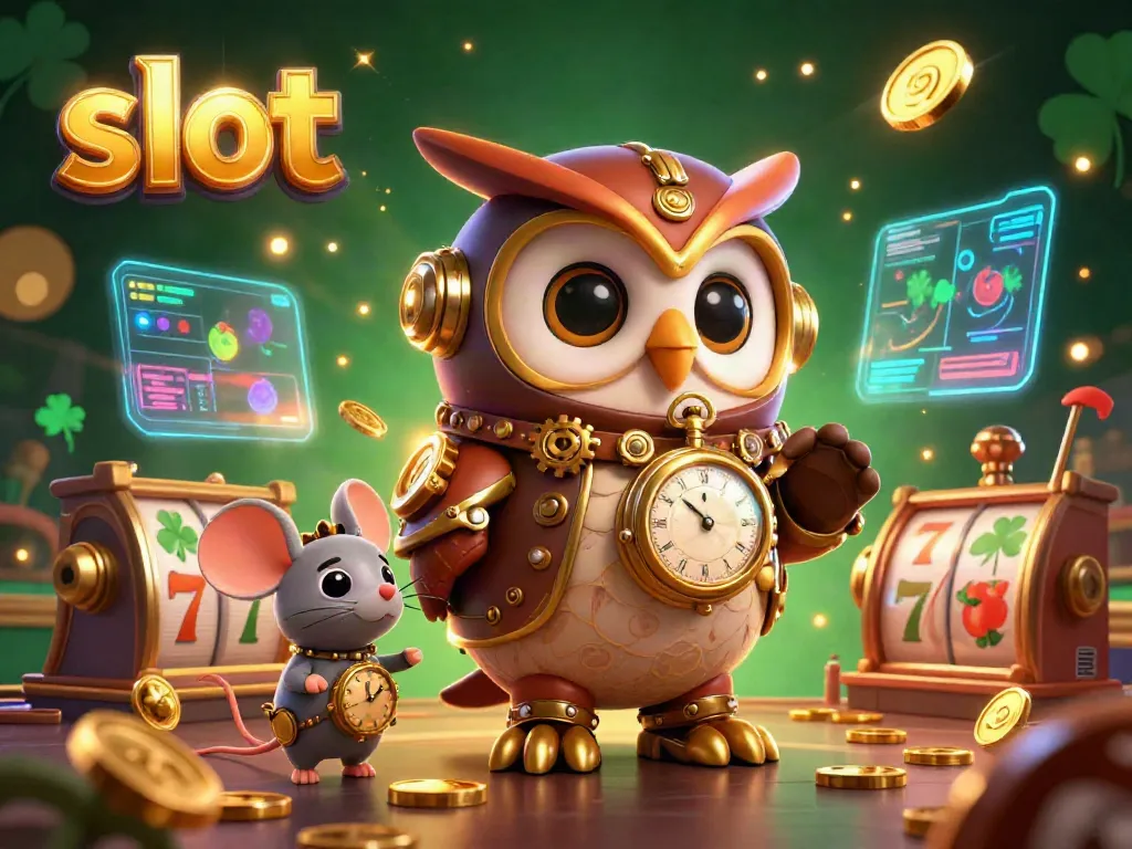 Experience the thrill of slot gaming with lively 3D characters and vibrant symbols in a casino setting.
