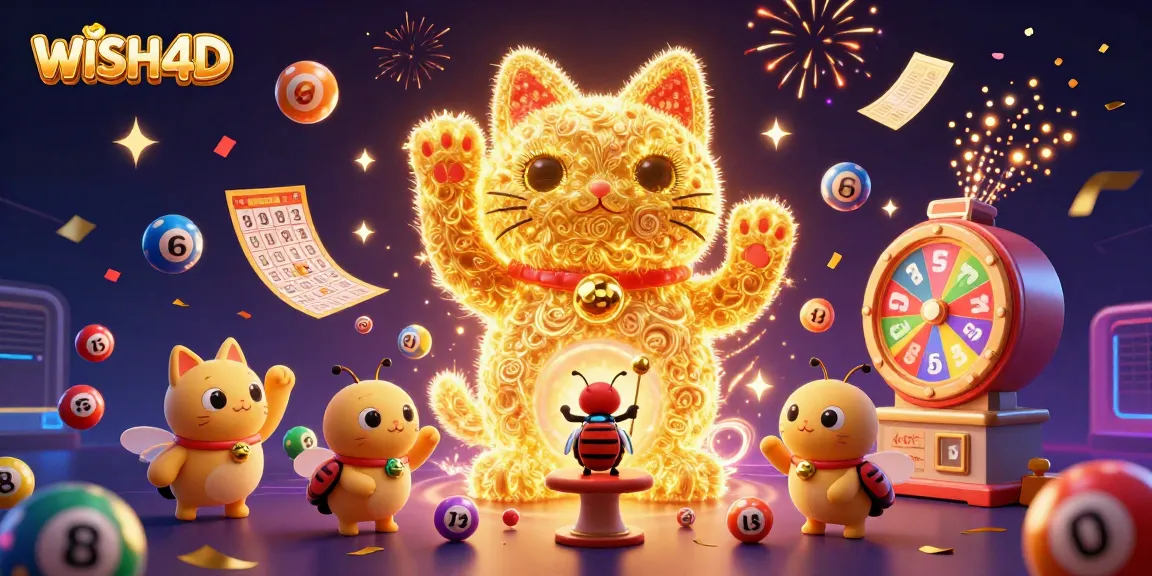 Engage with the vibrant WISH4D lottery experience featuring golden fireflies and colorful lottery balls.