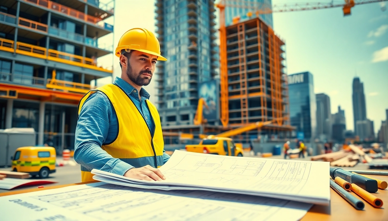 Dynamic scene of a New York City Construction Manager overseeing workers at an urban job site.