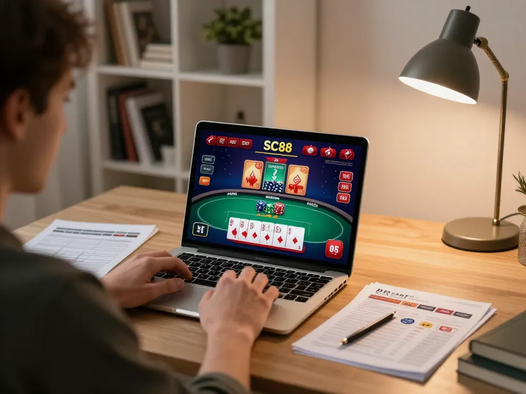 Player engaging in SC88 casino gaming on laptop, showcasing poker strategy and home comfort.