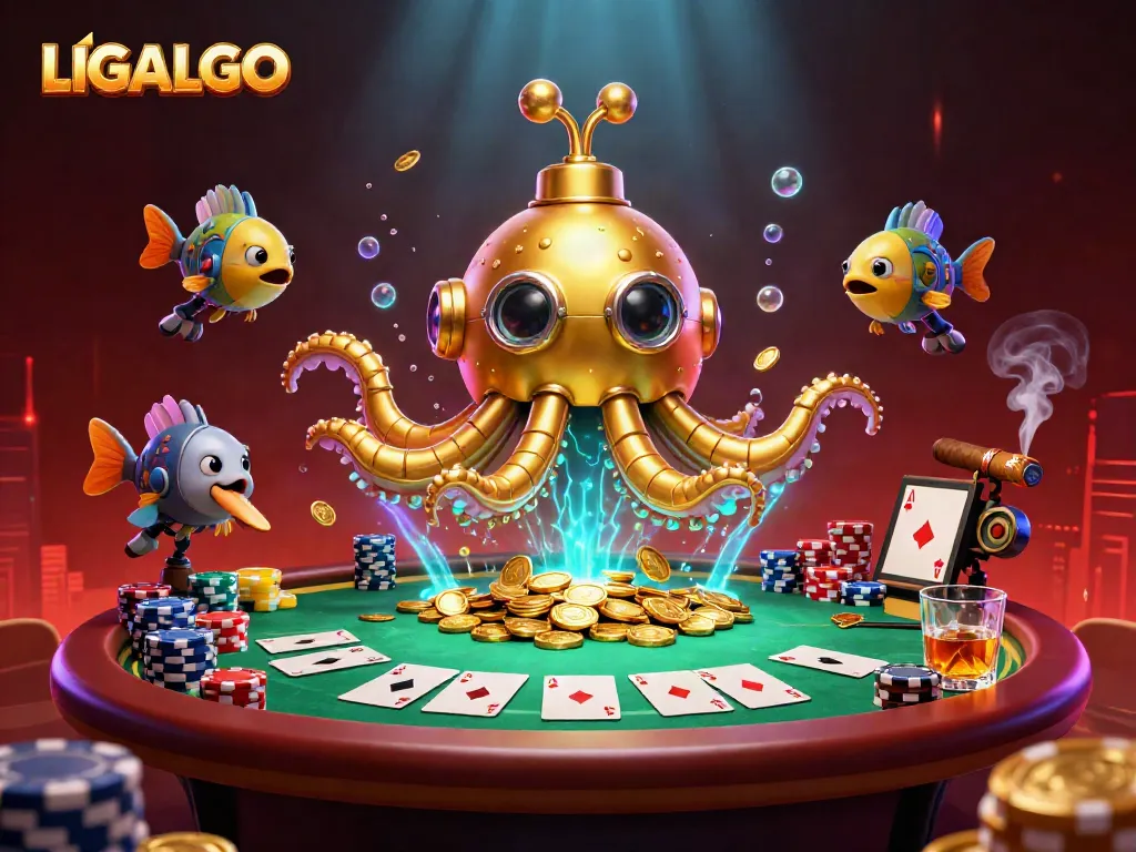 Experience thrilling moments at LIGALGO with a vibrant 3D casino scene featuring a kraken and poker elements.