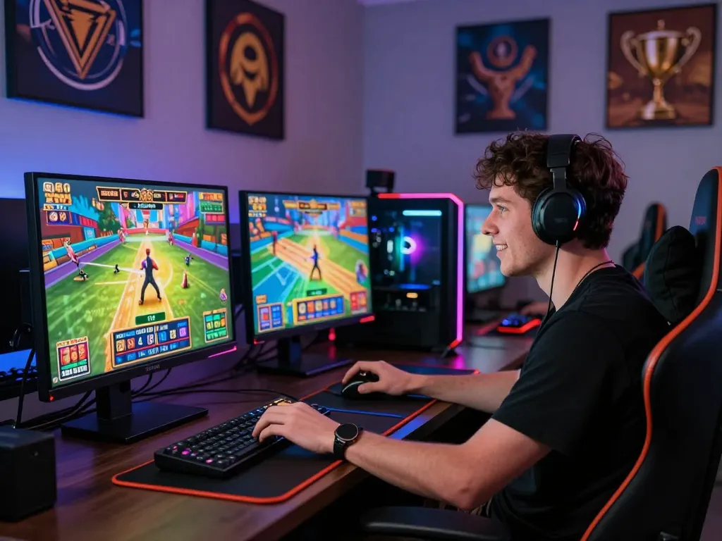 Player immersed in cổng game cwin, surrounded by vibrant gaming screens and dynamic action.