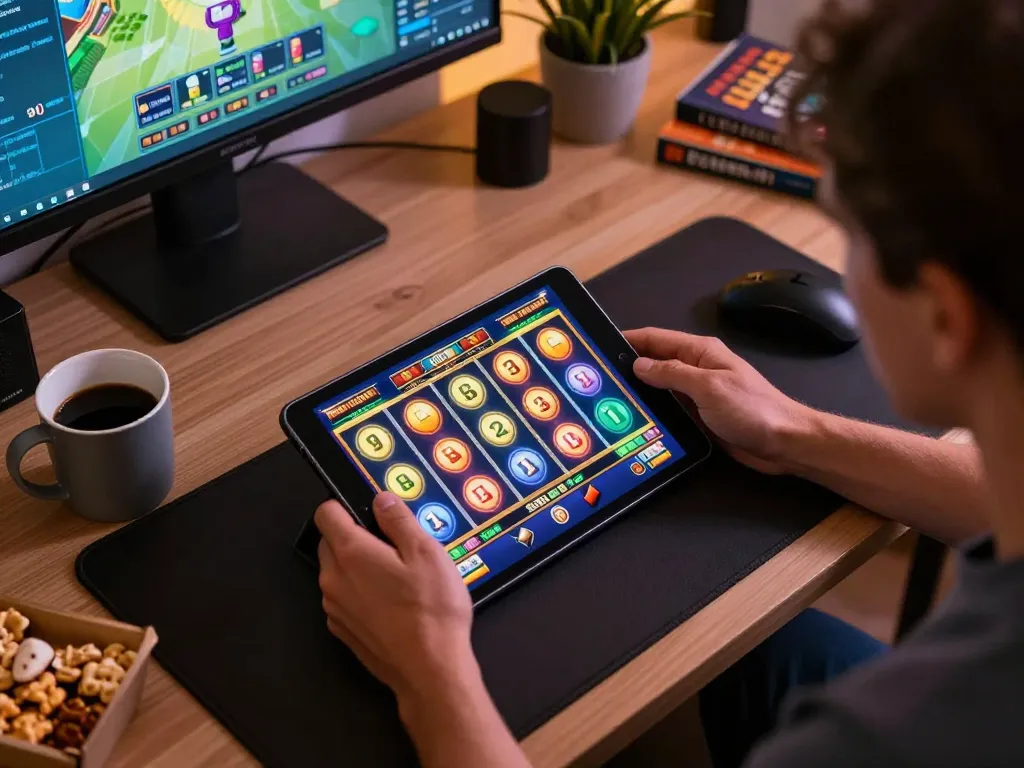 Player spinning slot games on tablet in cozy home office setup, showcasing vibrant gameplay.
