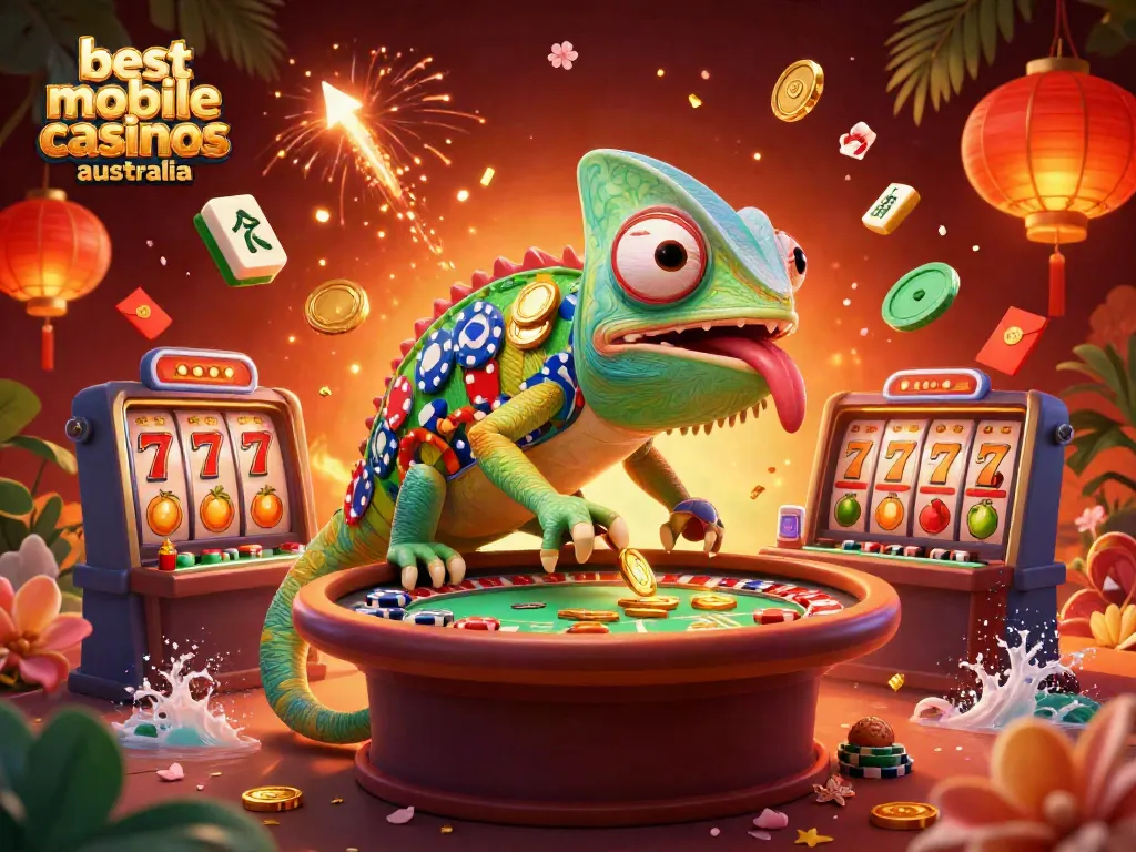 Experience the best mobile casinos australia with vibrant 3D illustration of a chameleon owner snapping up golden coins.