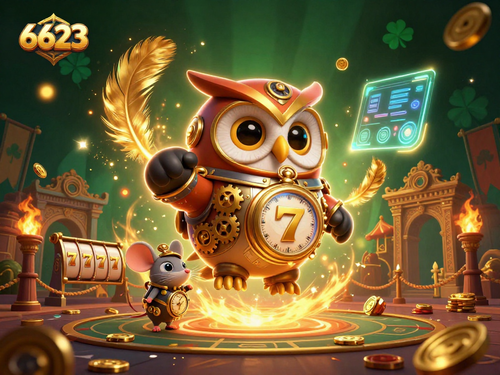 Engage with 6623's steampunk owl and mouse in a vibrant casino scene filled with slot reels and shimmering tokens.
