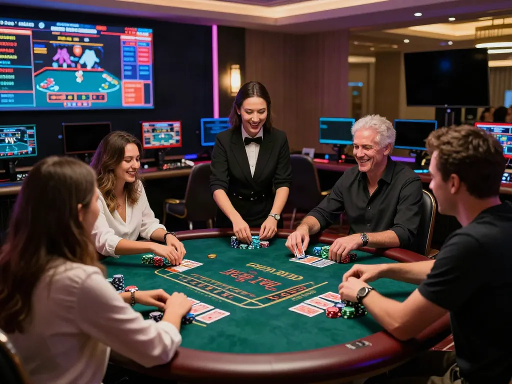 Engaging live casino experience at https://red88.limited/ with diverse players at a stylish gaming table.