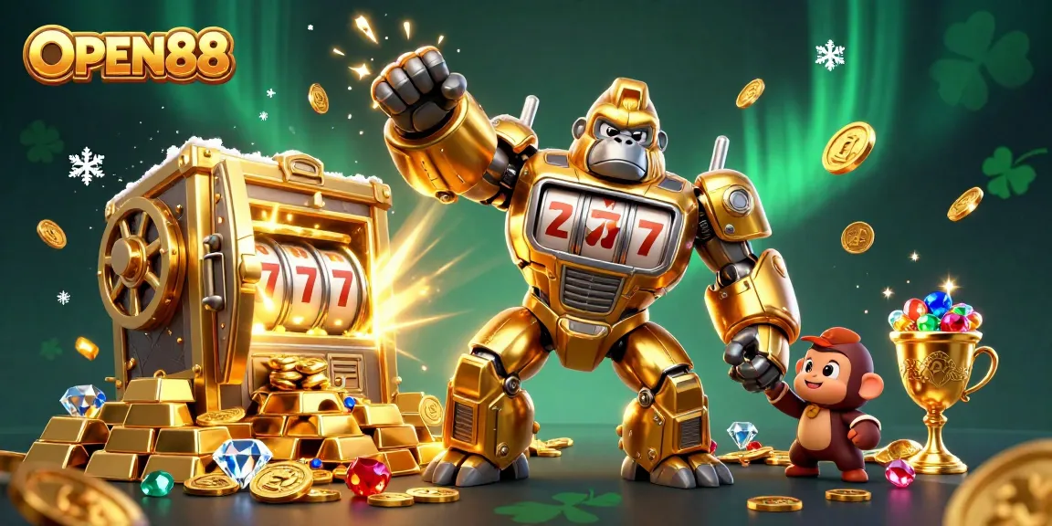 Spin to win at OPEN88 with a golden gorilla mech amidst treasure in a dazzling casino setting.