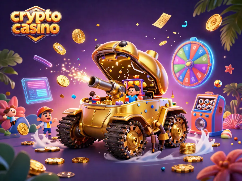 Scopri il coinvolgente mondo del crypto casino con un carro armato dorato animato, emozionanti monete e giochi.