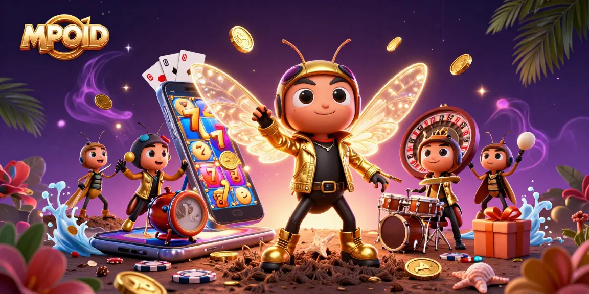 Engage with MPOID's vibrant casino themes featuring a cicada rock star amidst dynamic game elements.