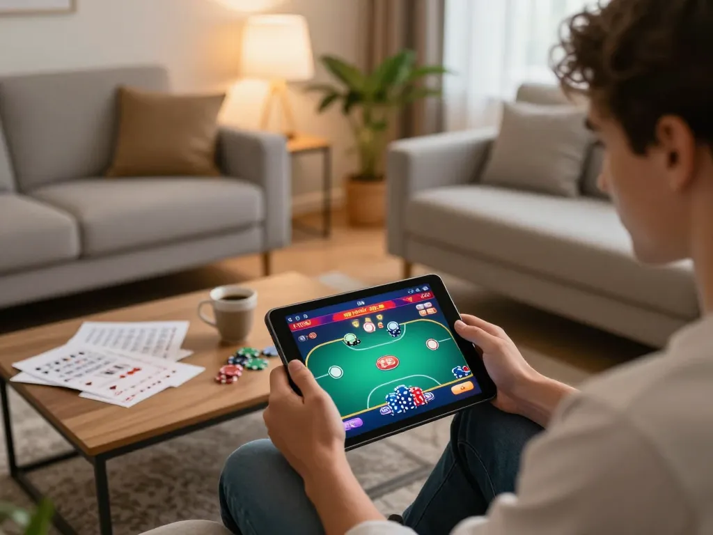 Person playing poker on tablet at home, representing god55vn online gambling experience with immersive atmosphere.