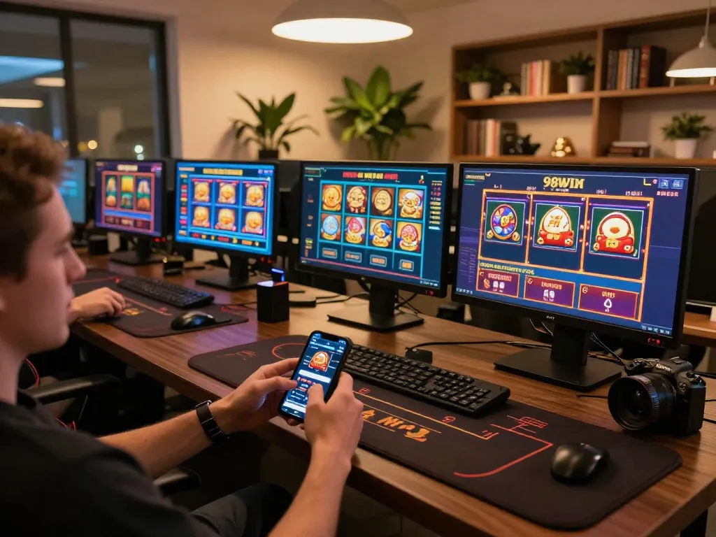 Engaging online gaming scene with a player using the 98win app, surrounded by vibrant casino game interfaces