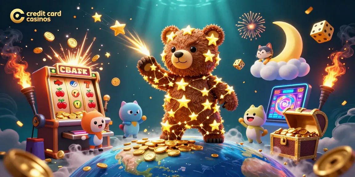 Engage with credit card casinos featuring a constellation bear, slot machines, and vibrant casino games.