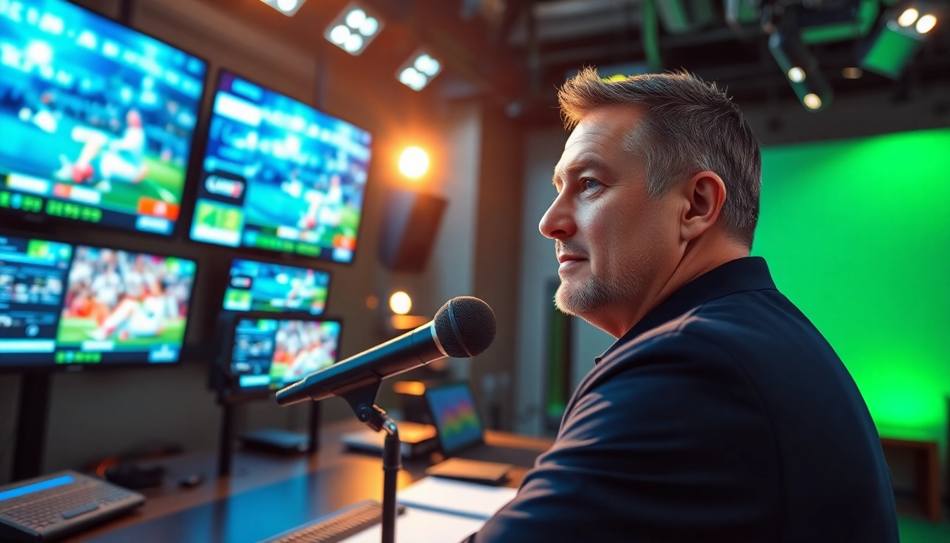 Engaging sports broadcasting scene with announcer in a vibrant studio setting.