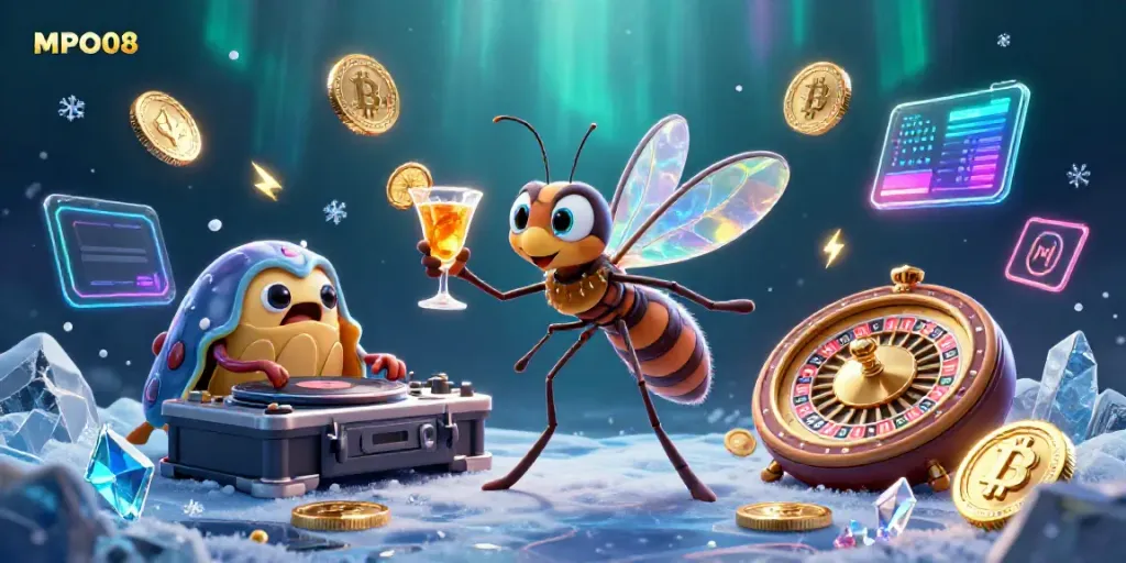 Engage with MPO08's vibrant gambling space featuring unique mascot characters and crypto elements.