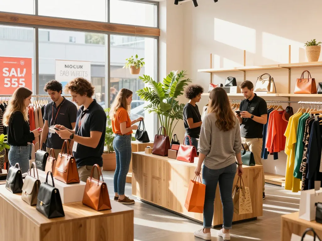 Shoppers engaging in lively exploration at https://hubet88.icu/ retail space, vibrant atmosphere and stylish products featured.