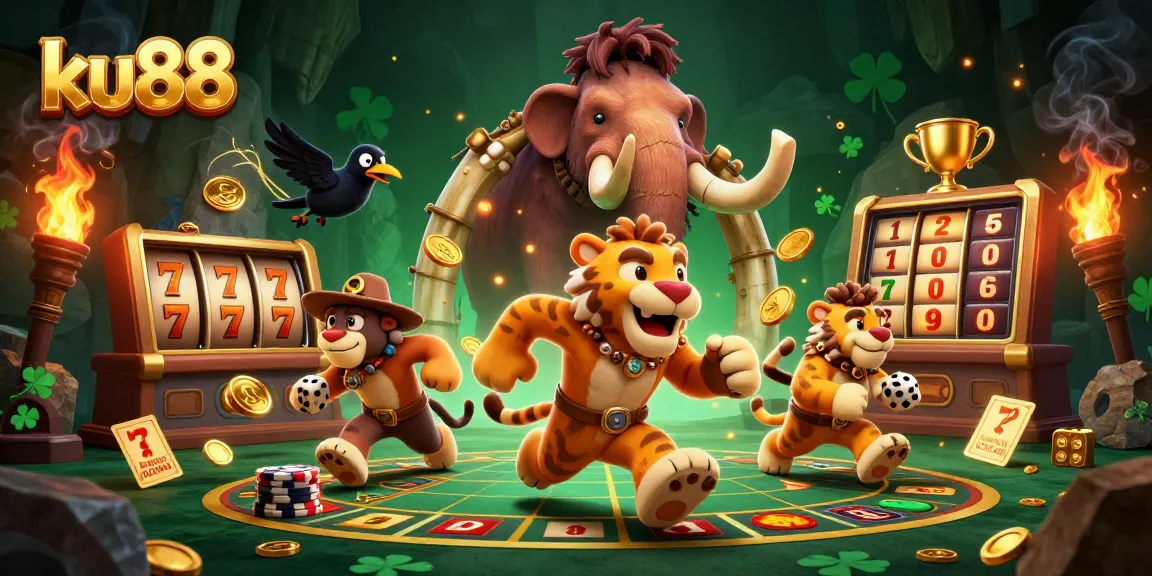 Experience exciting slots at ku88 with a creative 3D illustration of a prehistoric casino.