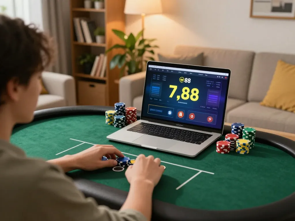 Engaging in fun88 online poker gameplay on a laptop in a cozy home setting, showcasing strategy and comfort