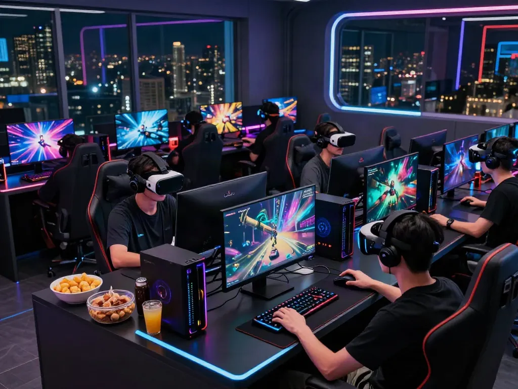 Bro138 high-tech gaming lounge showcasing players immersed in VR experiences.