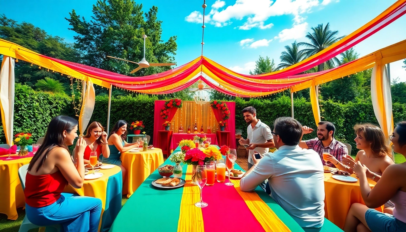 Outdoor Party Rentals setup with friends celebrating in a vibrant, decorated atmosphere.