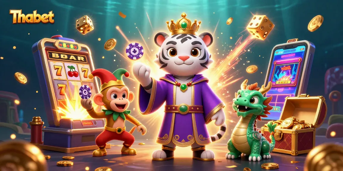 Thabet casino scene featuring a majestic white tiger and playful monkey, showcasing vibrant gaming elements and excitement.