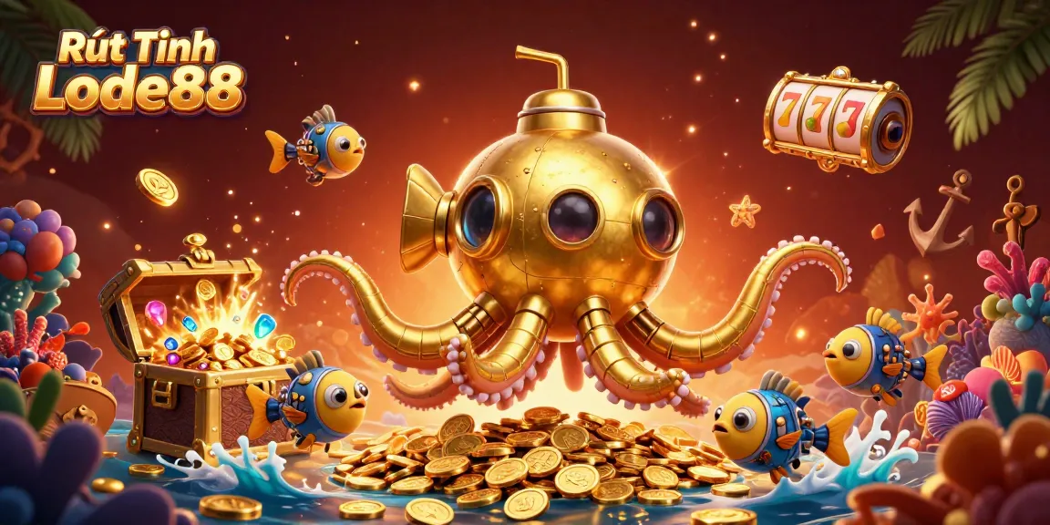 Engage in Rút Tiền Lode88 action with a rich 3D illustration featuring a kraken and slot reels.