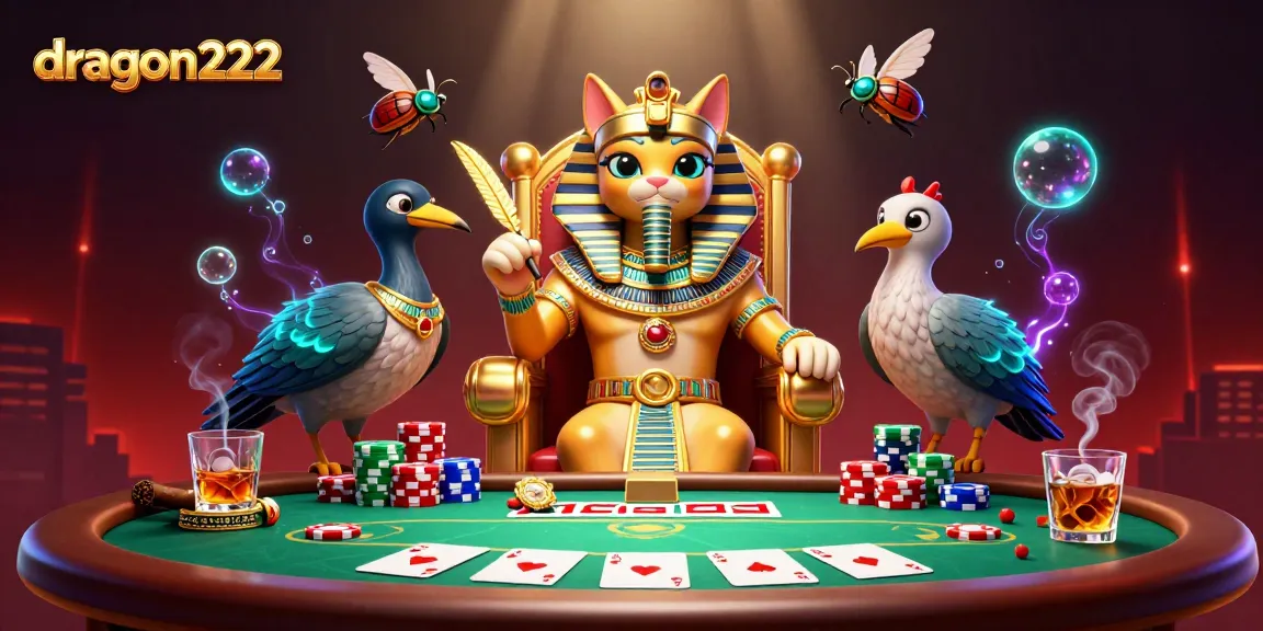Experience thrilling action at dragon222 with a captivating scene featuring an Egyptian pharaoh cat and poker elements.